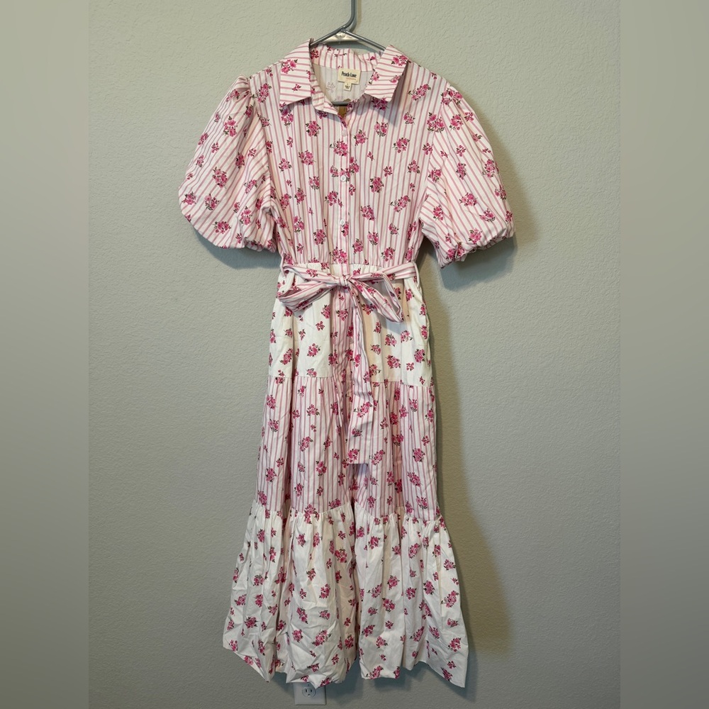 NWT Peach Love Floral Tiered Belted Waist Dress